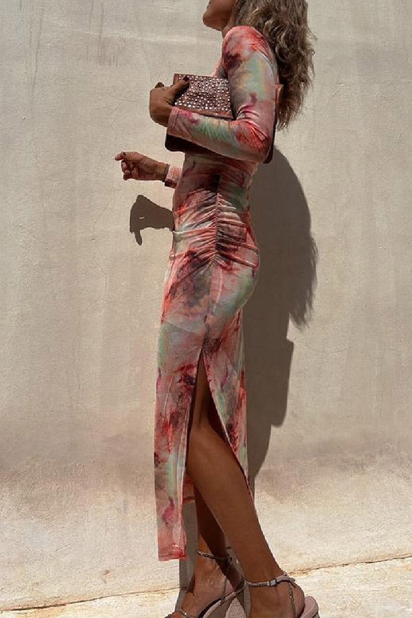 LM | Charm Lady Mesh Overlay Tie Dye Print Long Sleeve Ruffled Stretch Midi Dress