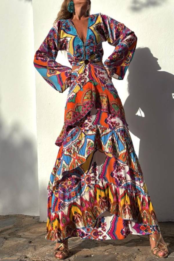 LM | Colorful Day Unique Print Bell Sleeve Neckline Waist Layered Maxi Dress