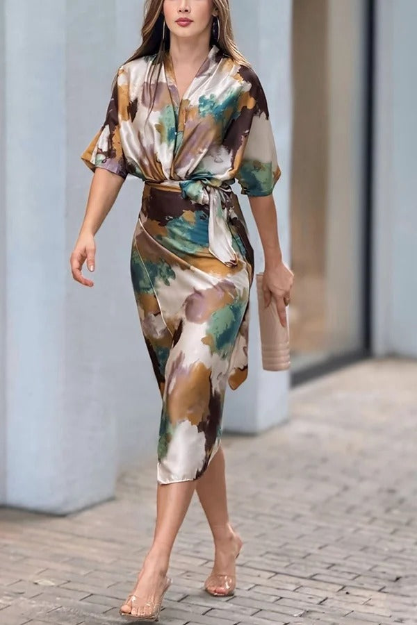 LM | Cityscape Moment Satin Tie Dye Print Half Sleeve Wrap Midi Dress