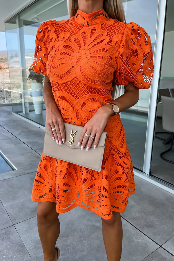LM | Ever So Sweet Crochet Lace Puff Sleeve Mini Dress