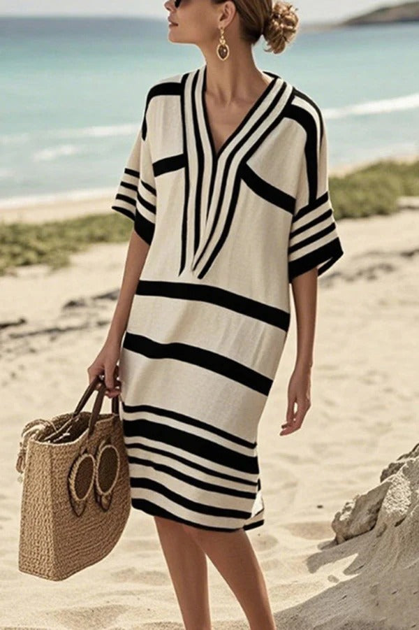 LM | Fashion Striped print V-neck Loose midi dress for vacation