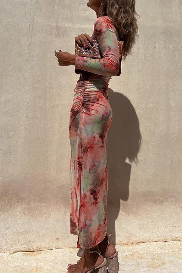 LM | Charm Lady Mesh Overlay Tie Dye Print Long Sleeve Ruffled Stretch Midi Dress