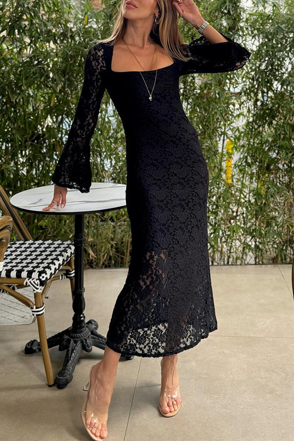 LM | Luxe Lifestyle Lace Square Neckline Bell Sleeves Lined Slit Midi Dress