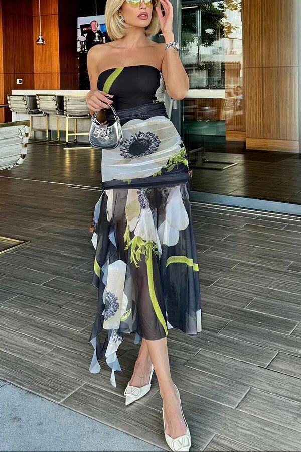 LM | Raquel Mesh Overlay Floral Print Shoulderless Ruched Ruffled Stretch Midi Dress