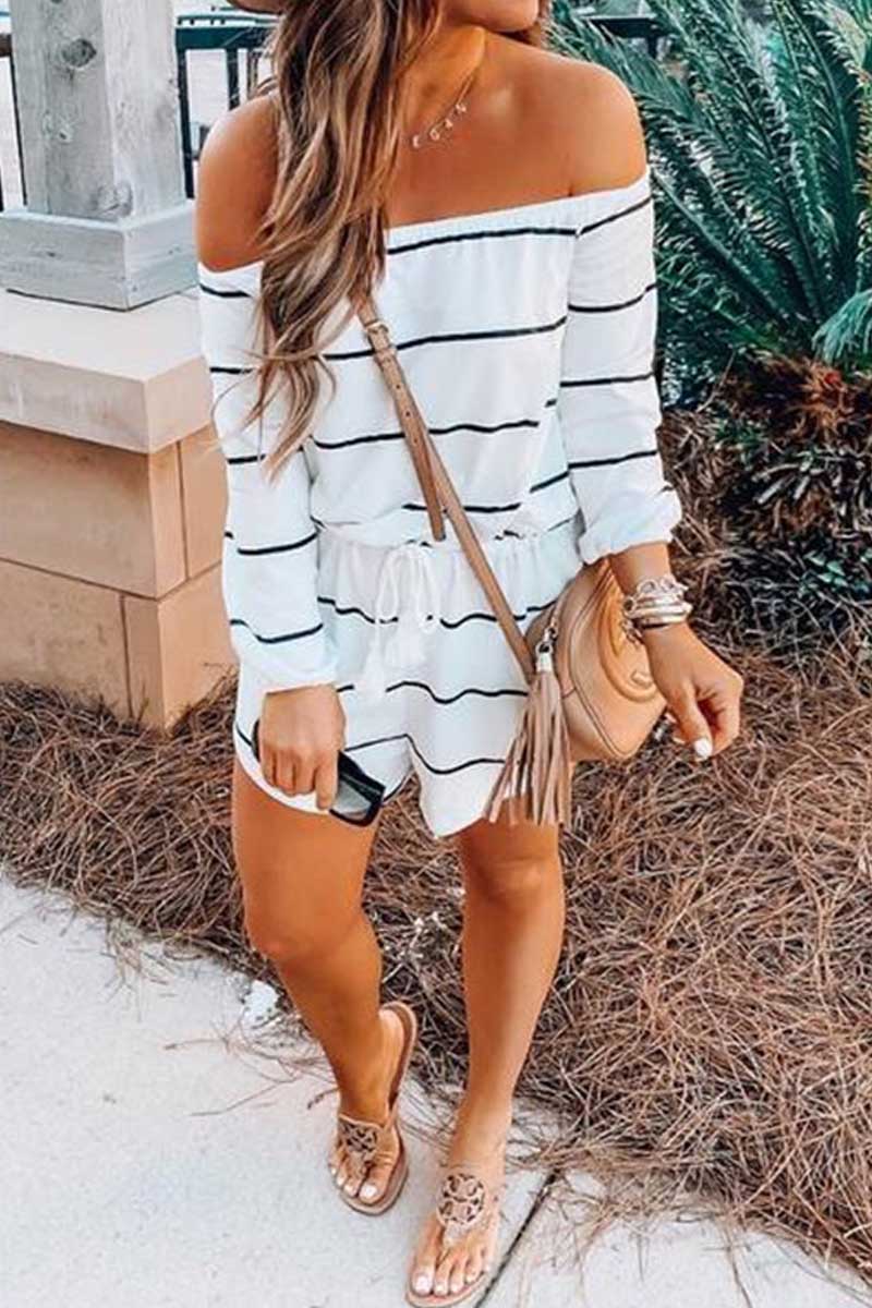 LM | Off the shoulder striped loose one-piece romper