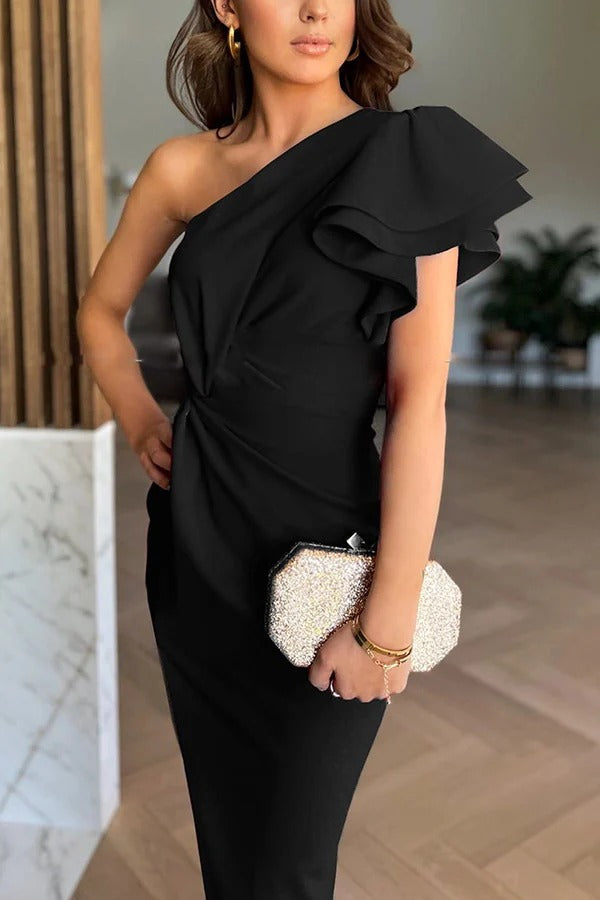 LM | Saona one-shoulder dress with tiered ruffle sleeves and asymmetric slit maxi dress