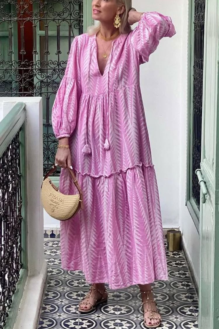 LM | Marrakech Stories Linen blend printed midi dress with balloon sleeves and A-line pockets