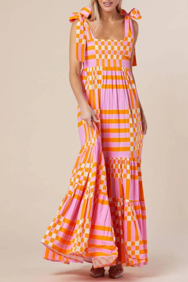 LM | Pink Tie Tie Plaid & Striped Smocked Maxi Dress