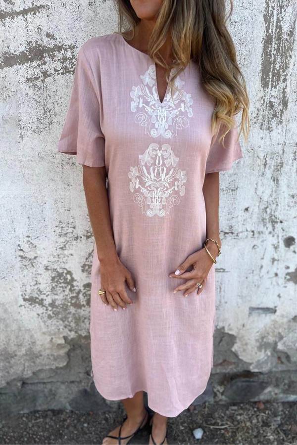 LM | Bohemian Print Linen Loose Midi Dress