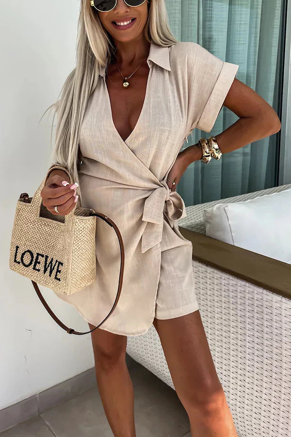 LM | Relaxing Beach Linen Blend Solid Color Wrap Loose Shirt Romper