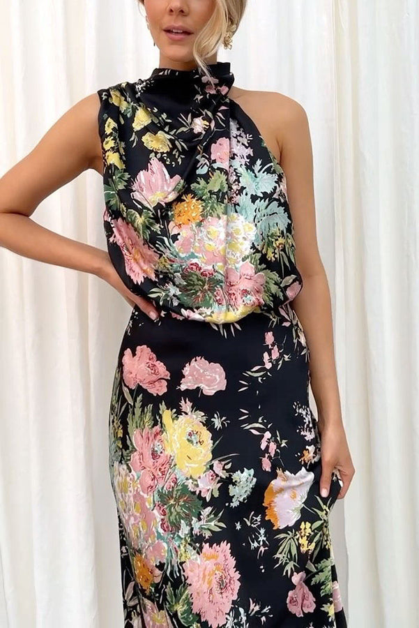 LM | Wine Country Dates Floral Halter Neck Elastic Waist Maxi Dress