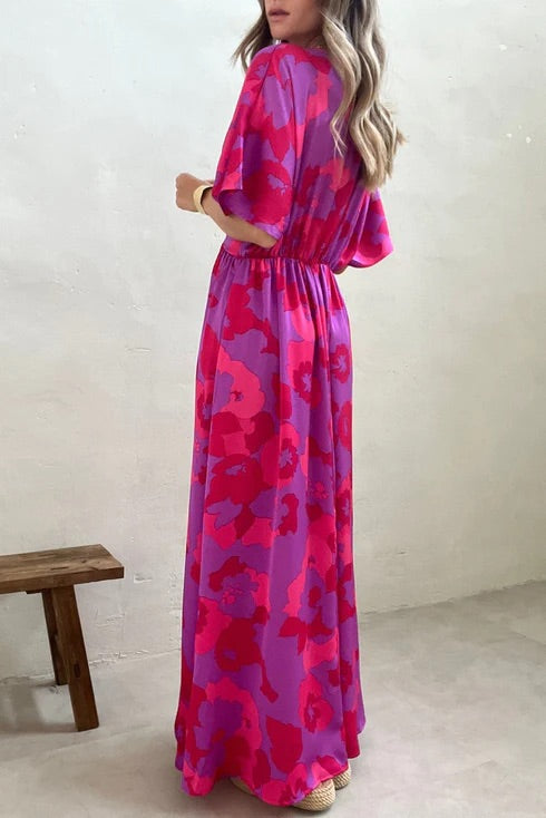 LM | Rose Abstract Floral Print V-Neck Dolman Maxi Dress