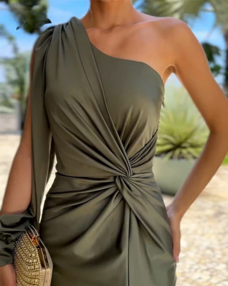 LM | Asymmetric ruched bandage midi dress