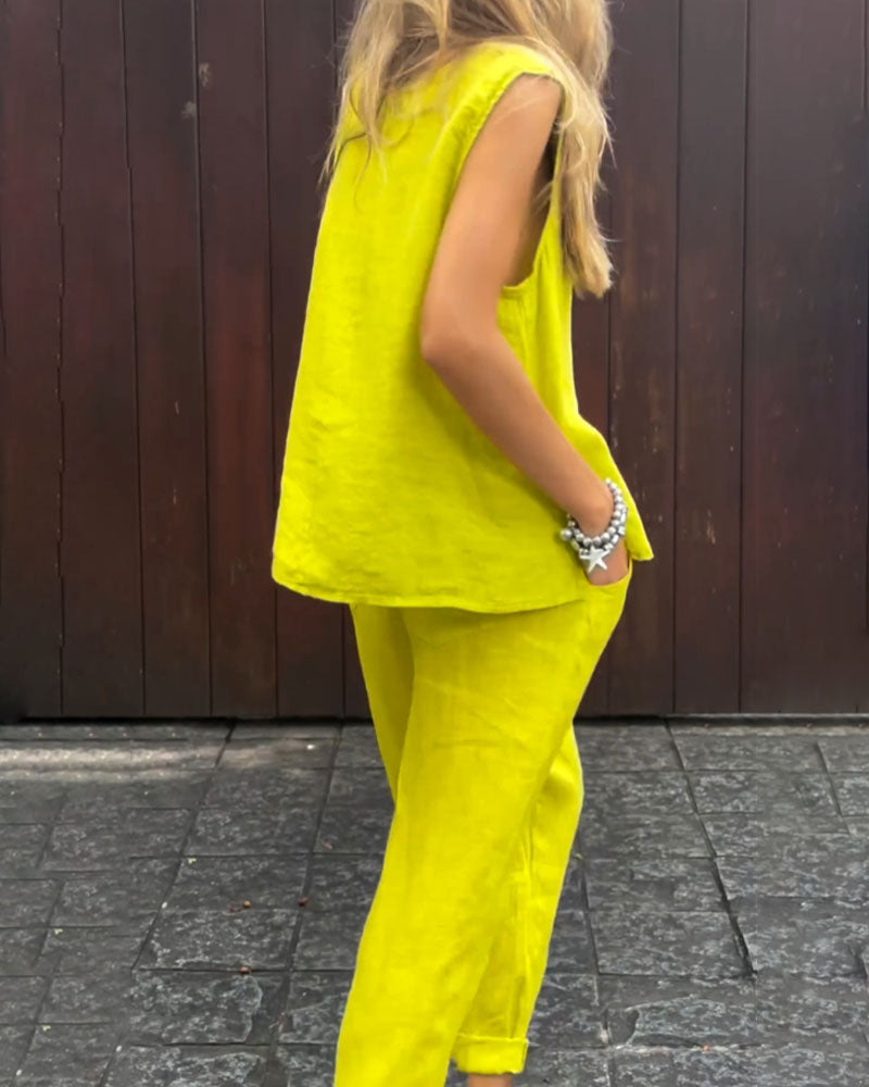 LM | Casual Solid Color Sleeveless Vest & Pants Cotton Linen Two Piece Set