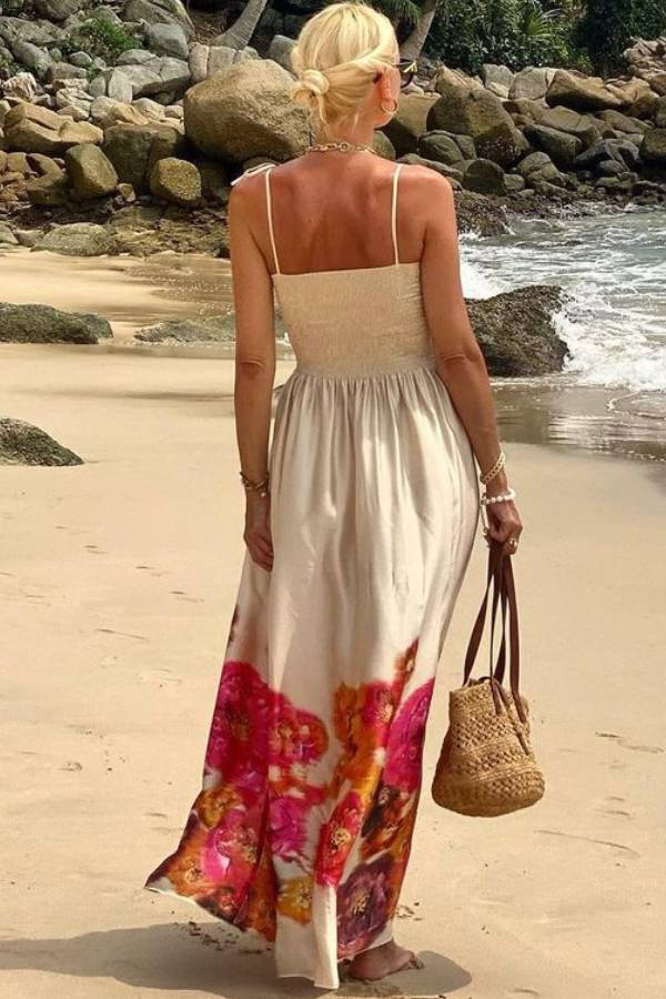 LM | Hidden Garden Satin Floral Print Smocked Off Shoulder Maxi Dress