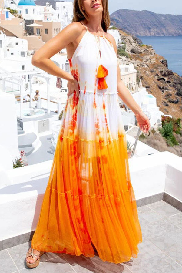 LM | Island Evenings Gradient Print Tassel Halter Maxi Dress