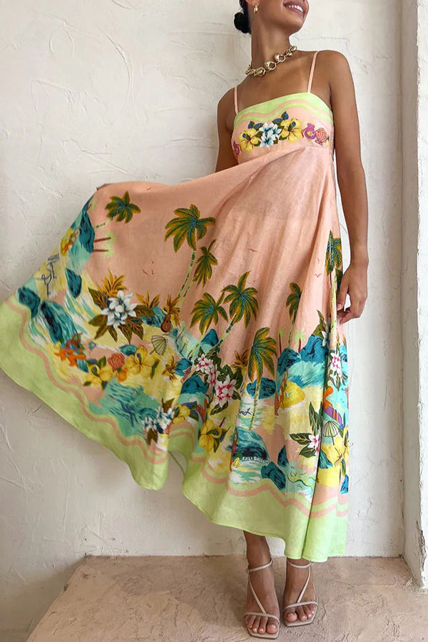 LM | Coconut Scenery Linen Blend Tropical Print Smocked Back Midi Dress