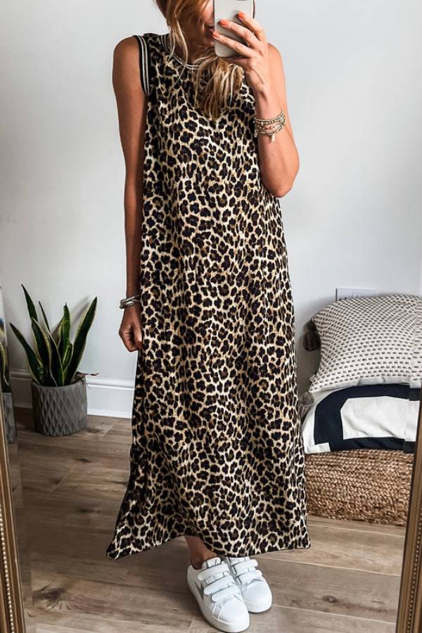 LM | Black contrast striped leopard print sleeveless midi dress