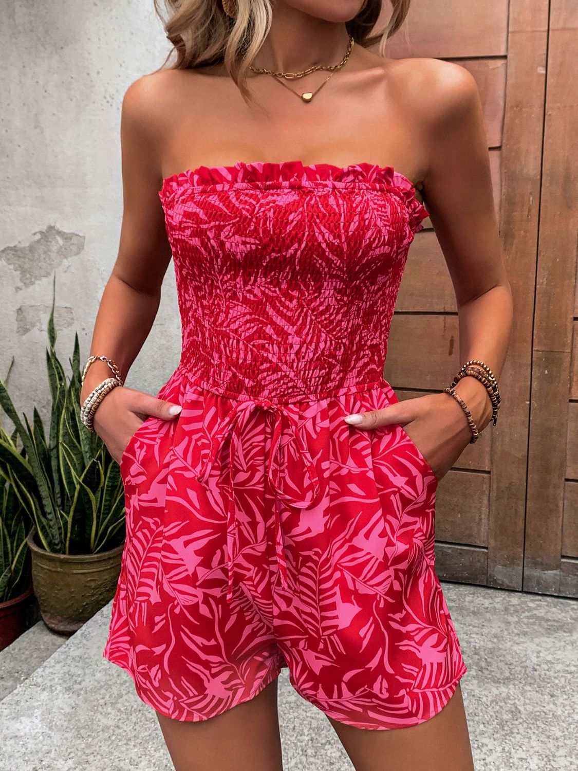 LM | Smocked printed tube romper with pockets