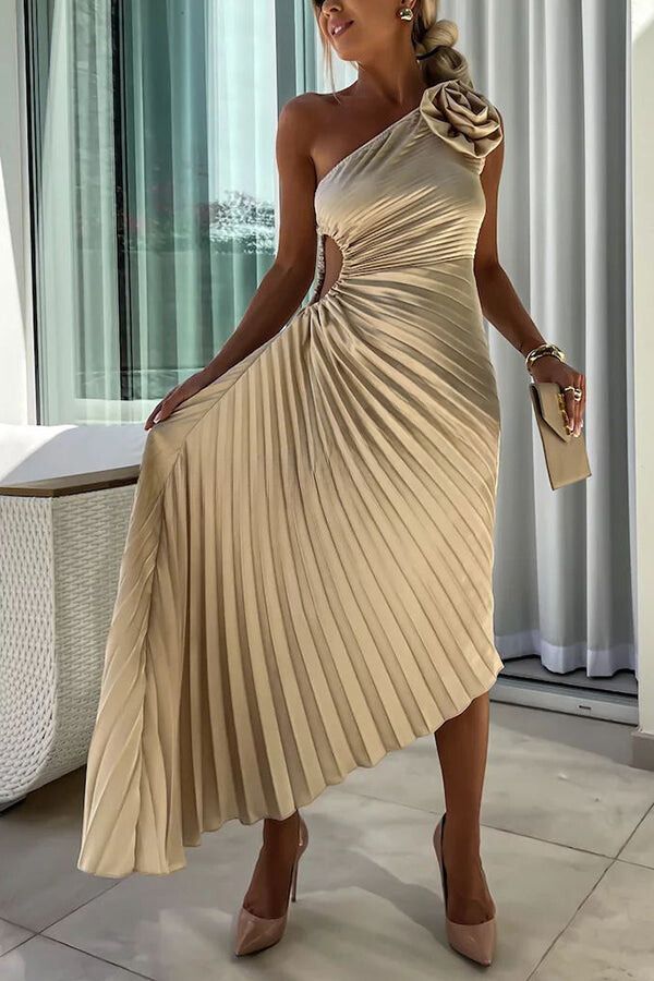 LM | Romantic Nights Satin Raised Flower Elastic Neckline One Shoulder Pleated Maxi Dress