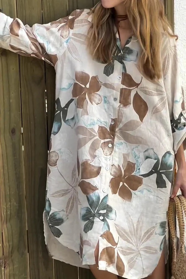 LM | Botanical Print Long-sleeved, single-breasted, loose midi dress with pockets