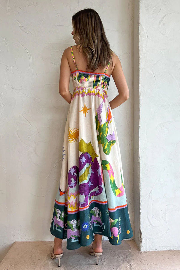 LM | Feel Effortlessly Linen Blend Unique Print Smocked Back Midi Dress