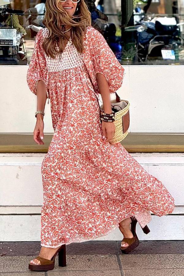 LM | Boheme Lifestyle Printed maxi dress with loose puff sleeves