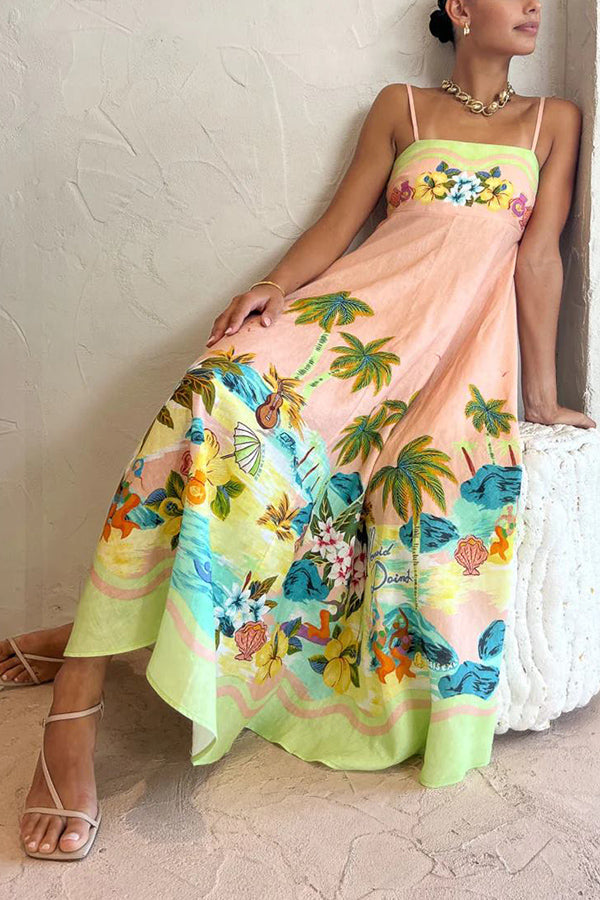LM | Coconut Scenery Linen Blend Tropical Print Smocked Back Midi Dress