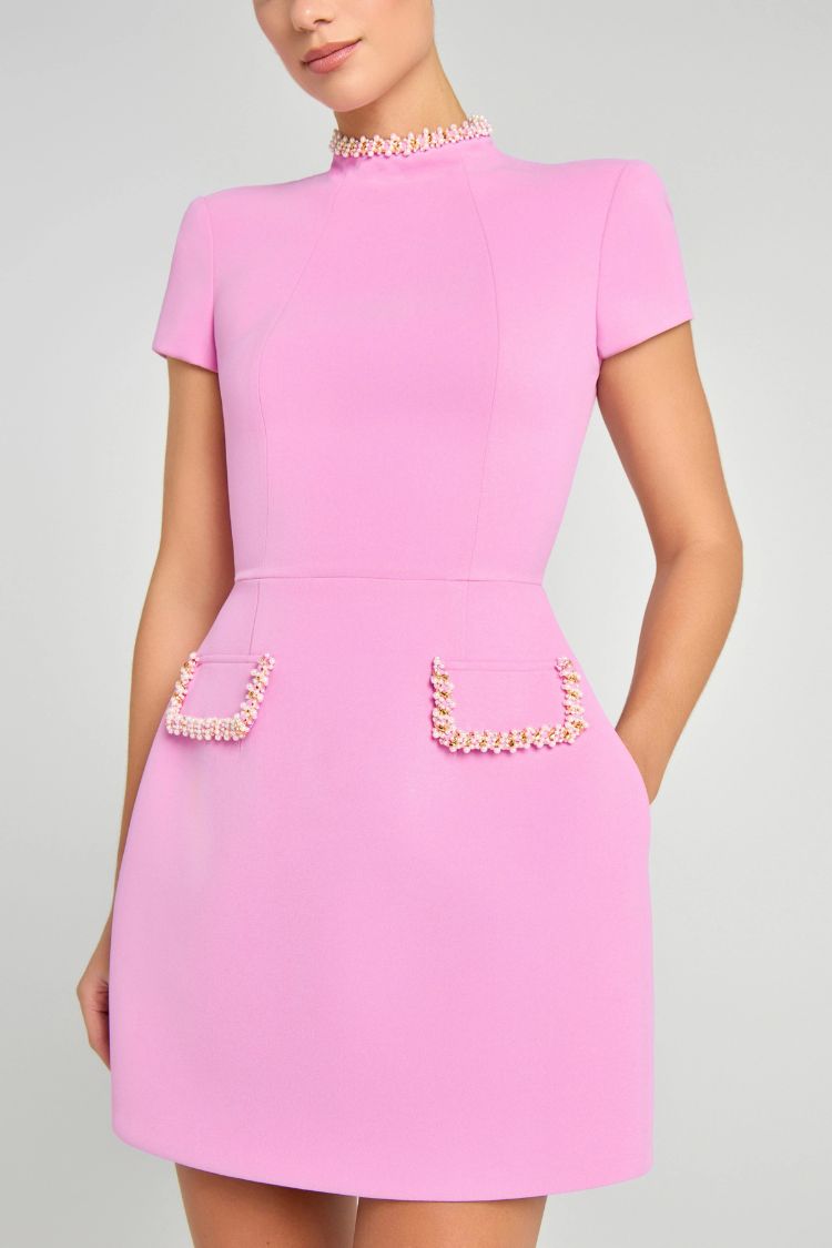 LM | Sweet and elegant fragrance Beaded short sleeve mini dress with pockets