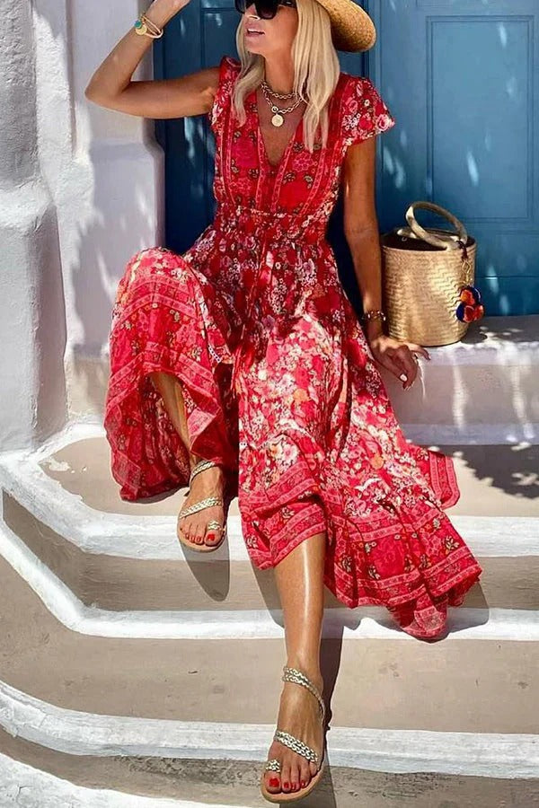LM | Summer in Greece Boho Print Ruffle Sleeves Elastic Waist High-Low Midi Dress