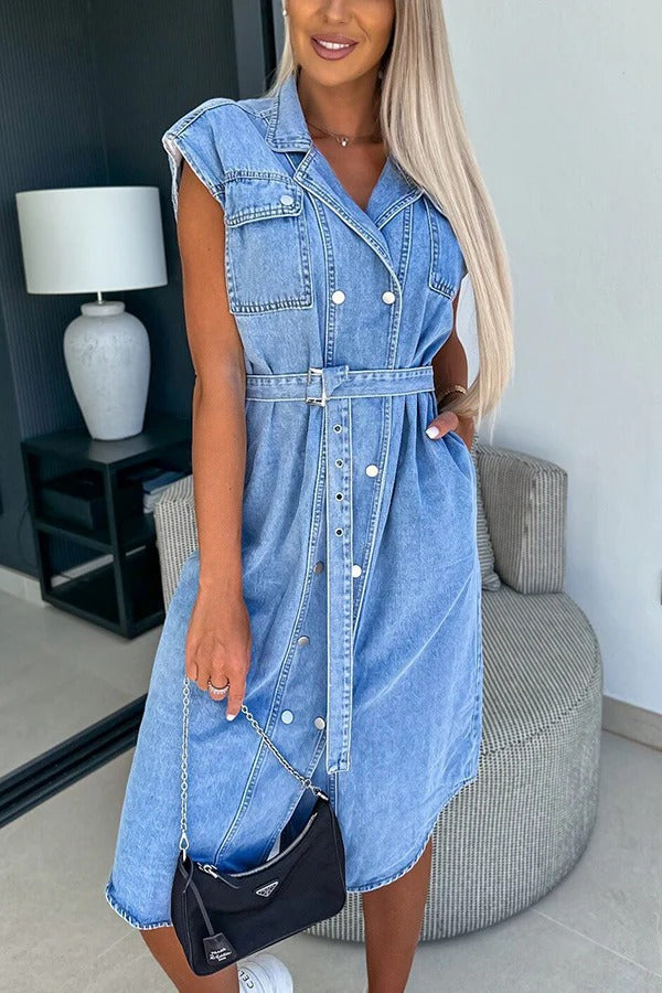LM | Solid Color Casual Lapel Sleeveless Button Pocket Waist Tie Denim Midi Dress