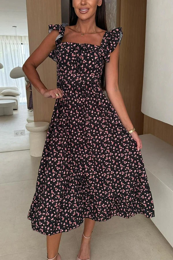 LM | Floral Print Square neckline Pleated back midi dress