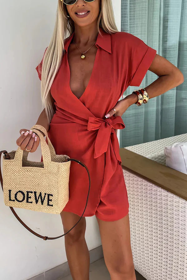 LM | Relaxing Beach Linen Blend Solid Color Wrap Loose Shirt Romper