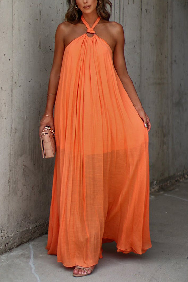 LM | Nolah maxi dress with V-neck and pleated halterneck