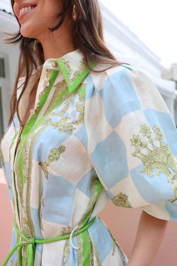 LM | Unique Printed long sleeve shirt midi dress with drawstring pocket