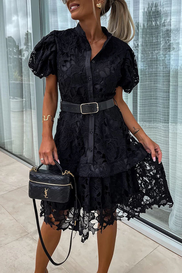 LM | Absolutely Elegant Floral Crochet Lace Puff Sleeve Belted Shirt Midi Dress