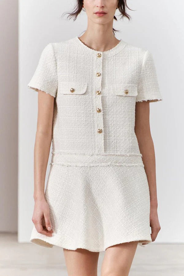 LM | 1960s London Girl tweed textured gold button short sleeve pocketed mini dress