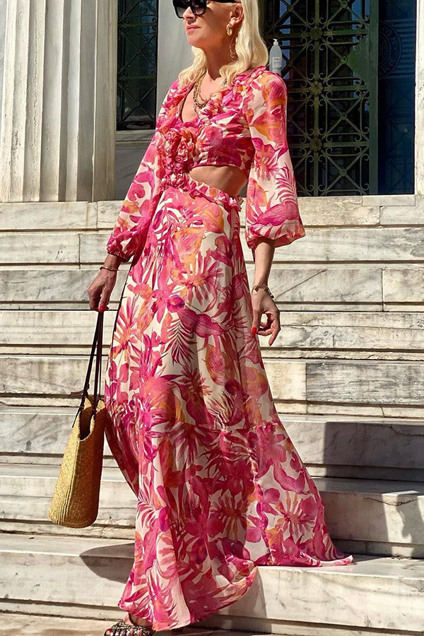 LM | Make Me Blush Floral Ruffle Side Cutout Waist Maxi Dress
