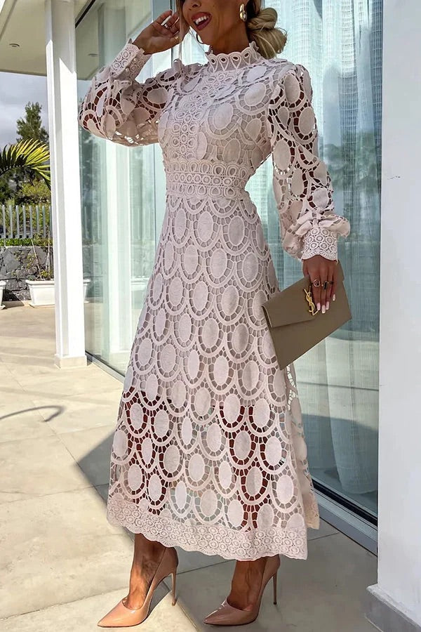 LM | Romantic, Sensual and Elegant Crochet Lace Lantern Sleeve Party Midi Dress