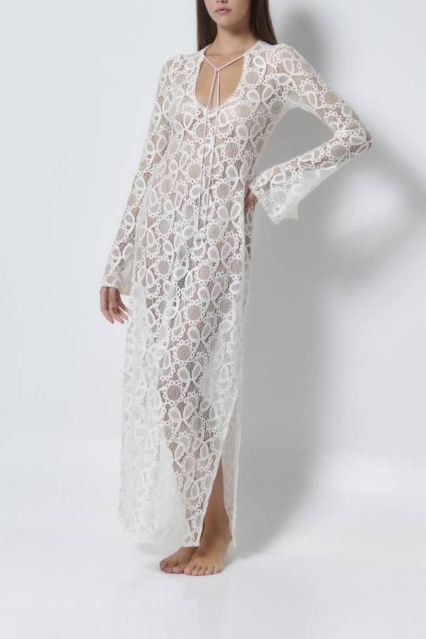 LM | Santorini Sunset Floral Lace Long Sleeve Slit Vacation Maxi Dress