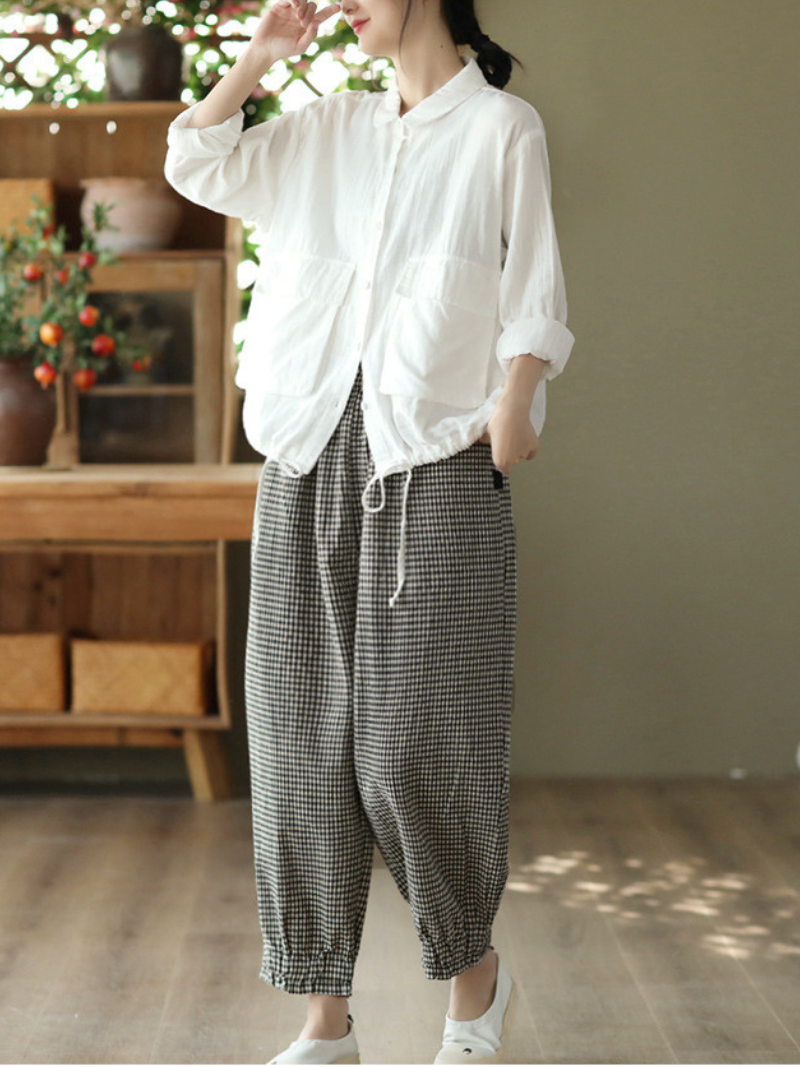LM | Elastic Waist Plaid Casual Harem Pants Bottoms
