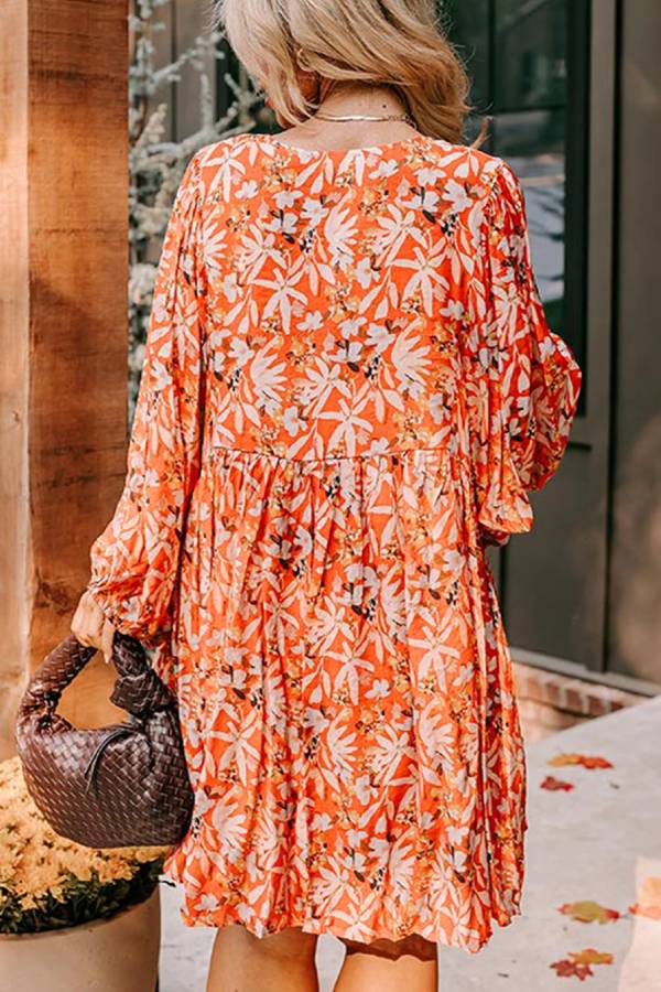 LM | Orange Floral Print Split V-Neck Bubble Sleeve Plus Size Midi Dress