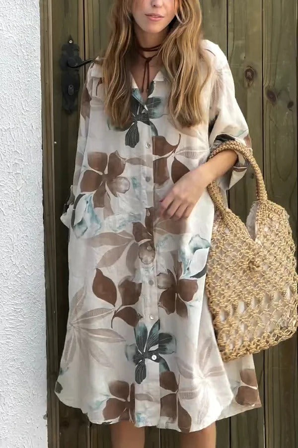 LM | Botanical Print Long-sleeved, single-breasted, loose midi dress with pockets