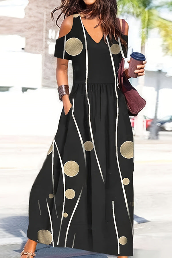 LM | Ayden Plant Print Cold Shoulder Flared Maxi Dress with Pockets