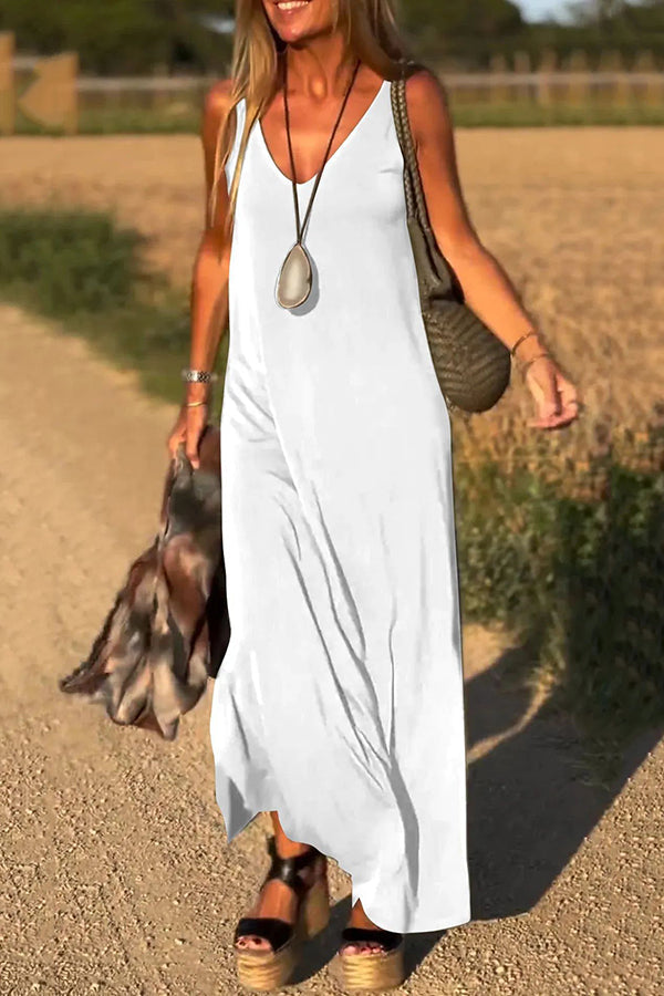 LM | Solid Color V-Neck Sleeveless Casual Loose Maxi Dress