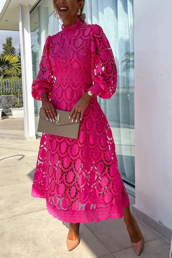 LM | Romantic, Sensual and Elegant Crochet Lace Lantern Sleeve Party Midi Dress