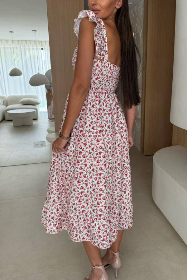 LM | Floral Print Square neckline Pleated back midi dress