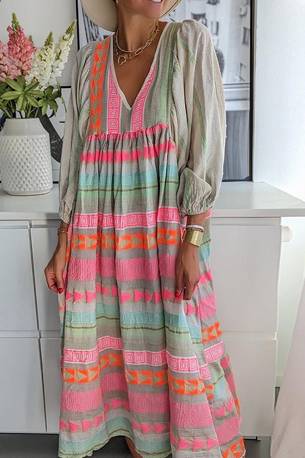 LM | Pink striped midi dress with Greek key and orange necklace
