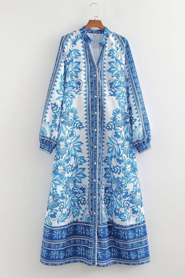 LM | Unique print button down long sleeve shirt maxi dress
