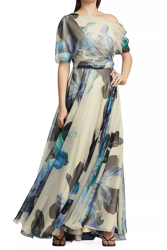 LM | Unique printed bohemian short-sleeved maxi dress with one shoulder section